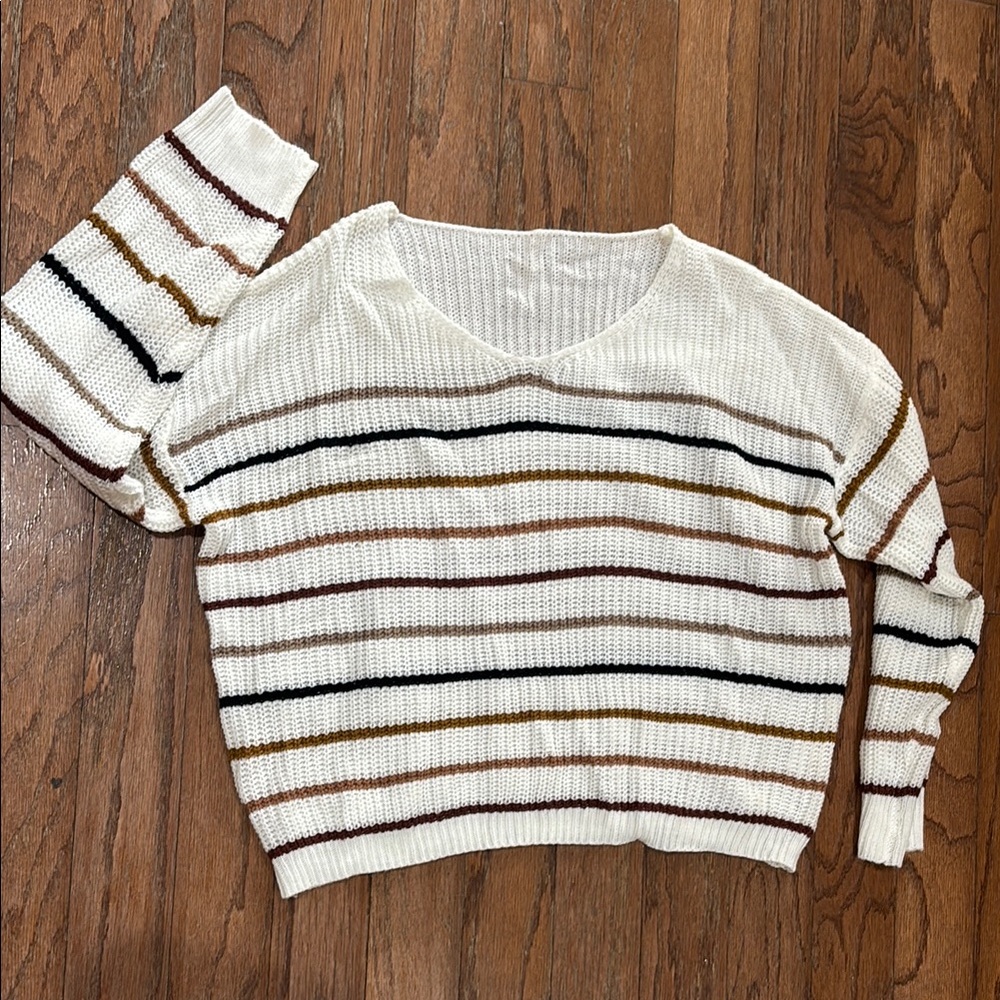 Striped Light Weight Knit Sweater - Cream Multicolor